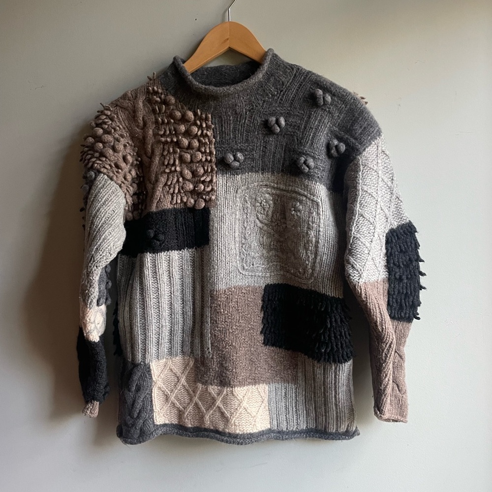 Bedo Gray and Black Cowl Neck Patchwork Wool Sweater